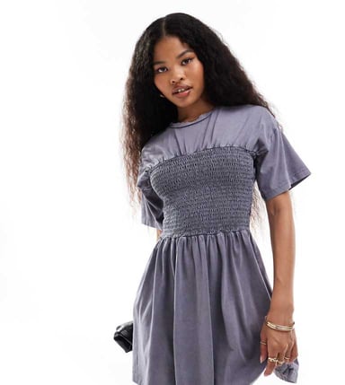 ASOS DESIGN Petite t-shirt mini dress with shirred bust in washed blue