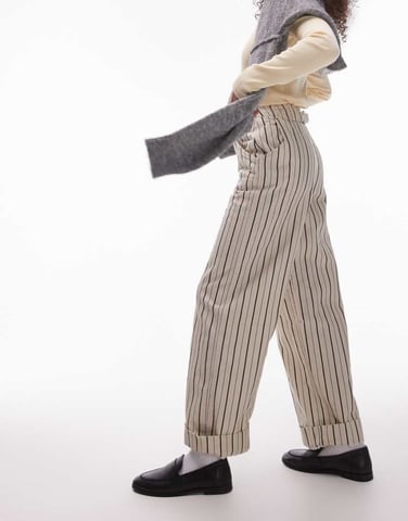 Topshop stripe wide leg turn back hem trouser in stone