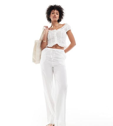 Vero Moda Tall tie waist wide leg trouser in white
