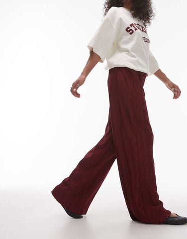 Topshop crinkle plisse wide leg trouser in burgundy