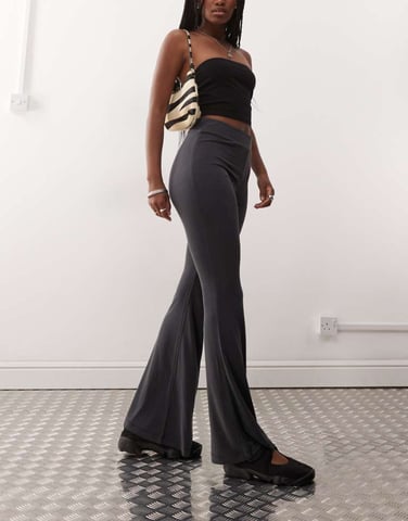 Monki super soft low waist flare jersey trousers in grey