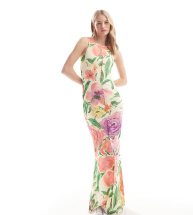 Vero Moda Tall sleeveless lettuce edge mesh dress in summer floral print