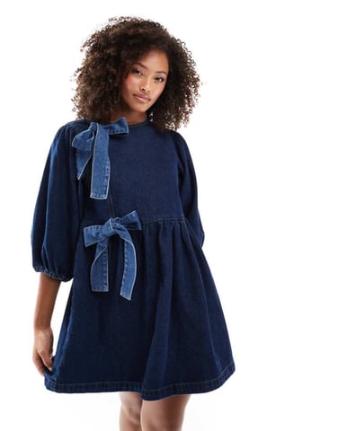 ASOS DESIGN denim bow asymmetrical bow dress in indigo