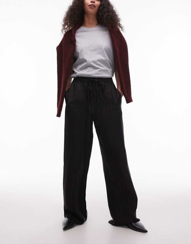Topshop pinstripe drawcord satin trouser in black