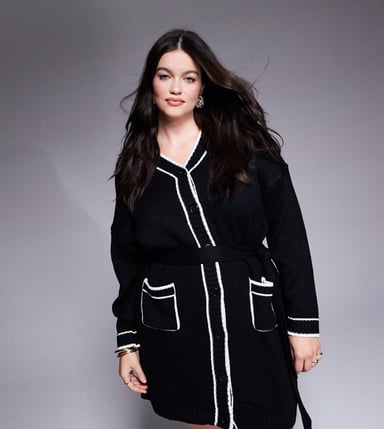 In the Style Plus contrast trim belted mini cardigan dress in black