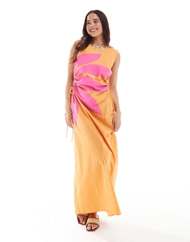 ASOS DESIGN midi klänning med blommig applikation och urtagningar i orange