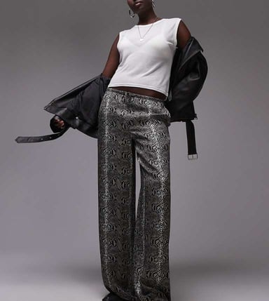 Topshop Tall satin wide leg with tie waist in snake
