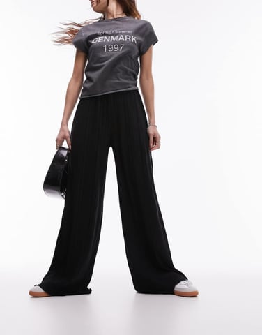 Topshop plisse wide leg trouser in black