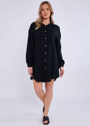 Black Cotton Textured Oversized Long Shirt