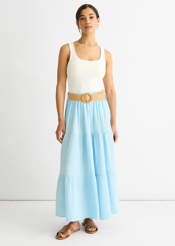 Blauwe katoenen seersucker maxi-rok met ceintuur