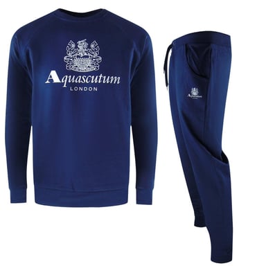Aquascutum Mens London Logo Crew Neck Tracksuit Set (Navy Blue)