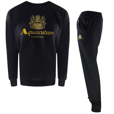 Aquascutum Mens London Logo Crew Neck Tracksuit Set (Black)