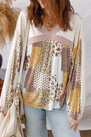 Blommig Patchwork Långärmad Topp