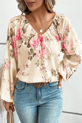 Beige blus med blommönster och lanternärm, V-ringning