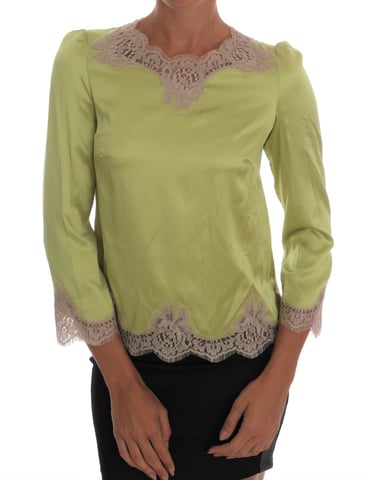 Lime Green Silk Blouse Lace Trim