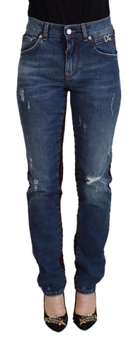 Distressed Denim Jeans Red Black Plaid
