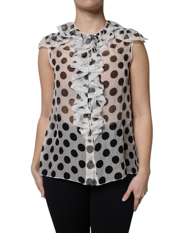 Polka Dot Silk Blouse Ruffled Neckline
