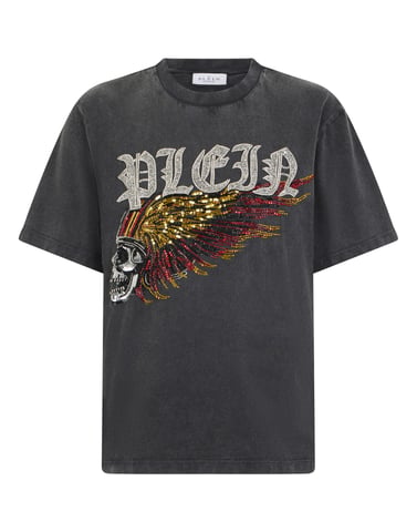 Washed Round Neck T-Shirt Eagle Skull Skull