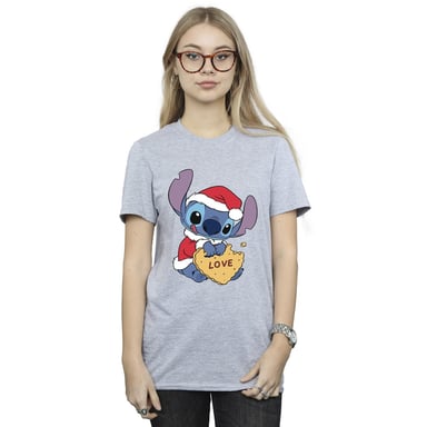 Disney Womens/Ladies Lilo And Stitch Christmas Love Biscuit Cotton Boyfriend T-Shirt (Sports Grey)