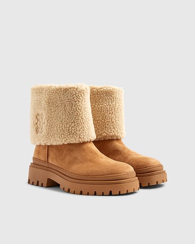 River Island Womens Ankle Boots Brown Faux Suede Borg Cuff