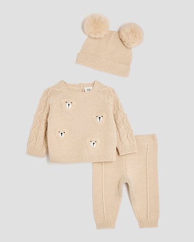 River Island Baby Jumper And Hat Set Beige Bear