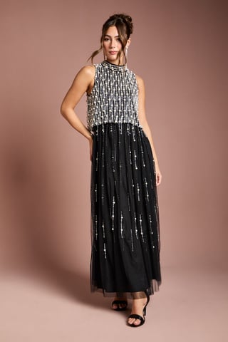 Pearl Beaded Overlay Georgette Maxi Dress