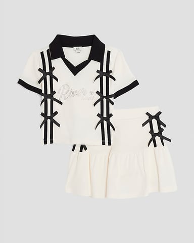 River Island Girls Polo Shirt & Skirt Bow Set Cream