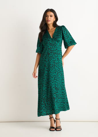 Groene midi-jurk van satijn met dierenprint