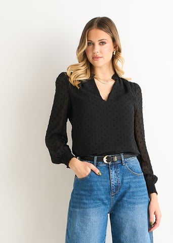 Zwarte Dobby Chiffon Blouse met Ruches Kraag
