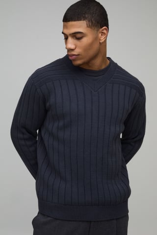 Regular Fit Ribbed V Neck Knitted Jumper
