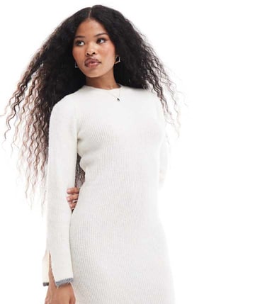 Vila Petite super soft knitted midi dress with contrast edge in winter white