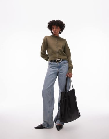 Topshop knitted compact fitted waist cardigan in khaki