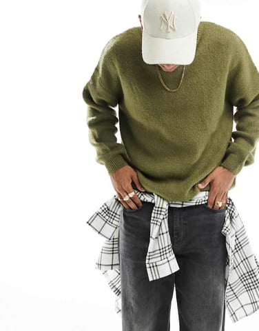 ASOS DESIGN oversized stickad borstad crew neck tröja i khaki