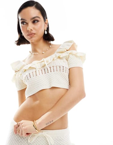 ASOS DESIGN knitted stitch cami top with tie detail co-ord in cream