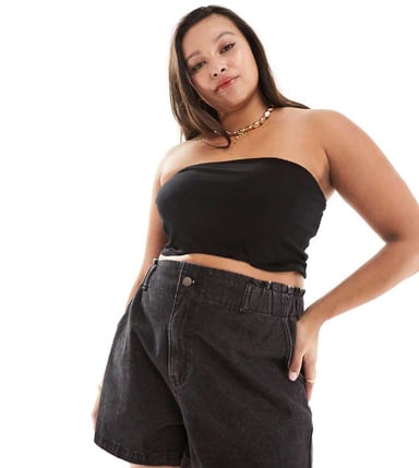 In The Style Plus exclusive elasticated waist denim paperbag short in black