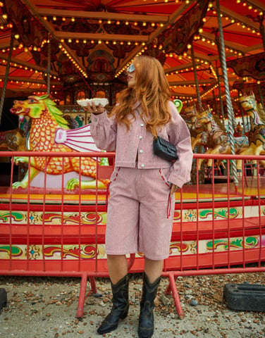 Labelrail x Laura Elizabeth Klein striped denim cropped denim jacket co-ord in red
