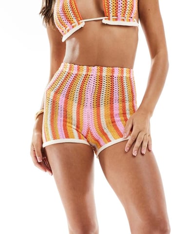 Missyempire crochet shorts co-ord in orange and pink stripe