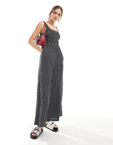 ASOS DESIGN scoop neck wide leg jumpsuit in mono spot print