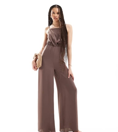 ASOS DESIGN Tall high neck twist front jumpsuit in chocolate