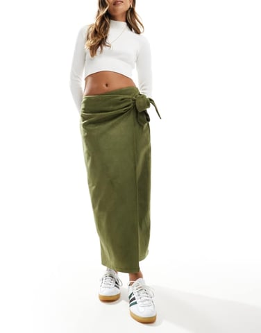 ASOS DESIGN wrap tie detail faux suede maxi skirt in khaki