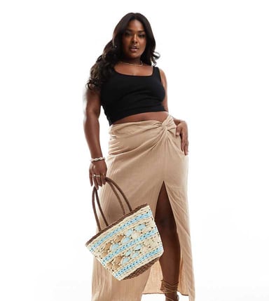 ASOS DESIGN Curve side knot cheesecloth maxi skirt in stone