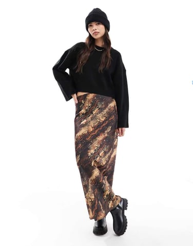 ASOS DESIGN satin bias maxi skirt in animal print