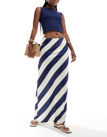 ASOS DESIGN satin bias maxi skirt in navy stripe