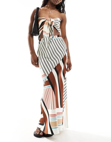 ASOS DESIGN satin bias tie waist maxi skirt in stripe print