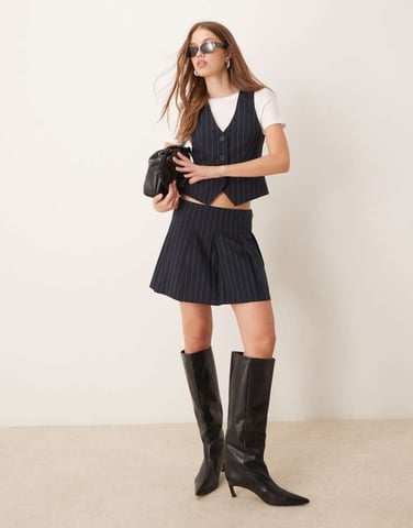 ASOS DESIGN tailored pleated mini skirt in navy stripe