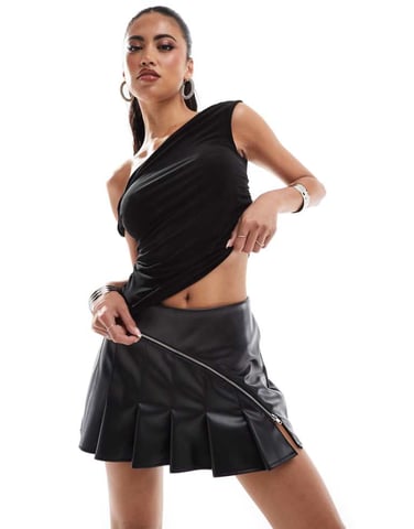 ASOS DESIGN zip detail leather look pleated mini skirt