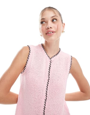 ASOS DESIGN crew neck waistcoat with blanket stitch in pink