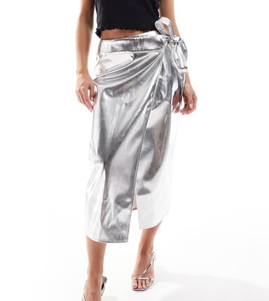 Never Fully Dressed Petite Jaspre PU midi skirt in silver