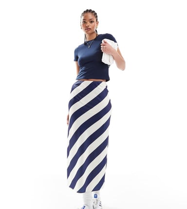 ASOS DESIGN Tall satin bias midi skirt in navy stripe
