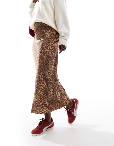ASOS DESIGN satin bias midi in leopard print
